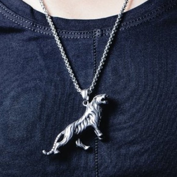 Silver Roaring Tiger Pendant with Chain - Picture 2 of 5